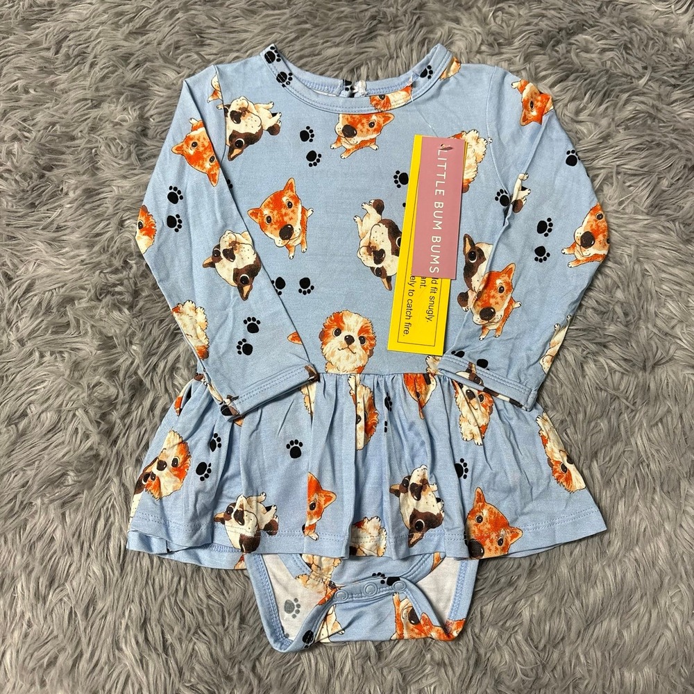 Little Bum Bums Twirl Bamboo Onesie Dress Dogs Print Toddler Girl 12-18 Months